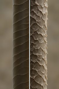 Macro image of a human hair strand under a microscope, showing healthy and heat-damaged cuticles side by side.