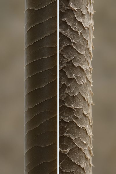 Macro image of a human hair strand under a microscope, showing healthy and heat-damaged cuticles side by side.