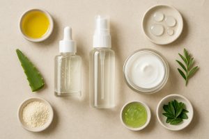 Flat lay of clear, unbranded serum, spray, and cream with dishes of natural key ingredients on a light stone surface.