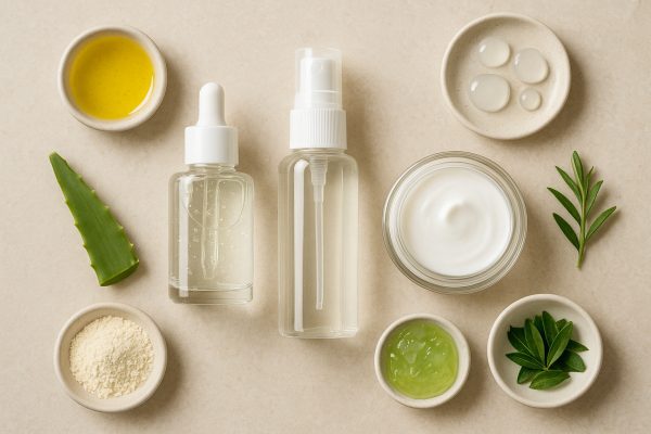 Flat lay of clear, unbranded serum, spray, and cream with dishes of natural key ingredients on a light stone surface.