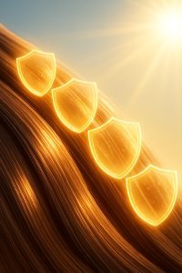 Glossy hair strands with glowing shield effects under bright sunlight and a soft blue-to-gold gradient background.