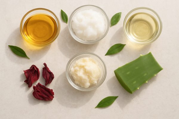 Natural oils, shea butter, and botanicals neatly arranged in glass dishes on a pale stone surface, illuminated with natural light.