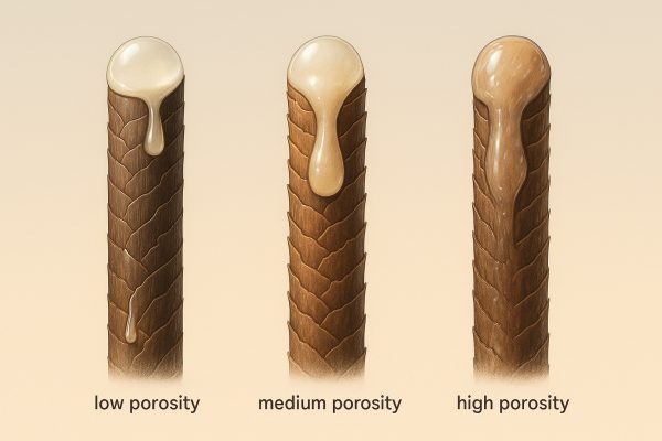 Three realistic hair strands, each with different porosity, interacting uniquely with conditioner drops.