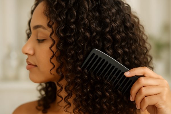 Individual with healthy, defined curls detangling hair with a wide-tooth comb and leave-in cream.