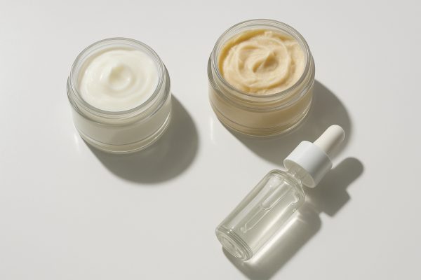 Three distinct haircare products\u2014creamy, thick, and serum textures\u2014on a glossy white surface.