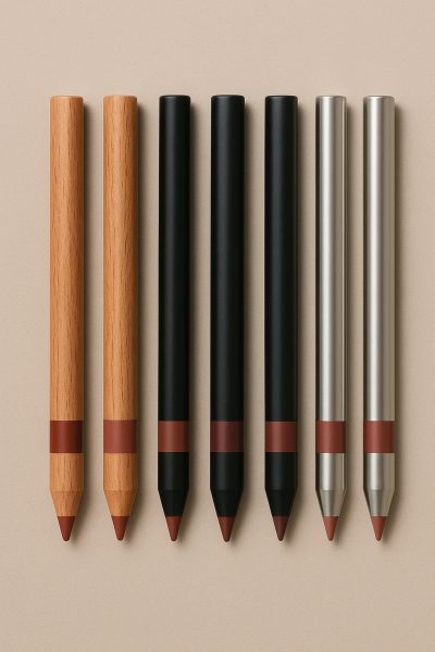 A grid of lip liner pencils in wood, plastic, and metal, arranged neatly on a matte taupe surface.