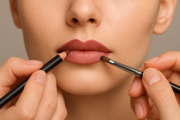 A detailed close-up of a makeup artist outlining and blending a model's lips with a liner and brush.