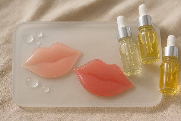 Macro view of two lip masks with hyaluronic acid serum and botanical oils on a glass tray.