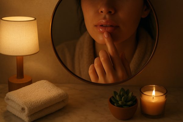 Warm nighttime bathroom scene, person applying a lip mask by candlelight.