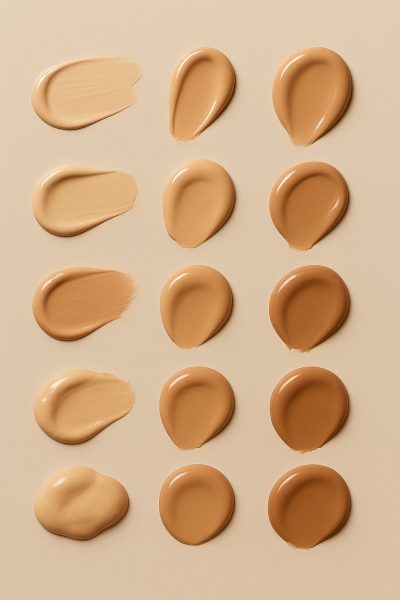 Grid of liquid foundation swatches in multiple textures and finishes on a pale beige flat lay.