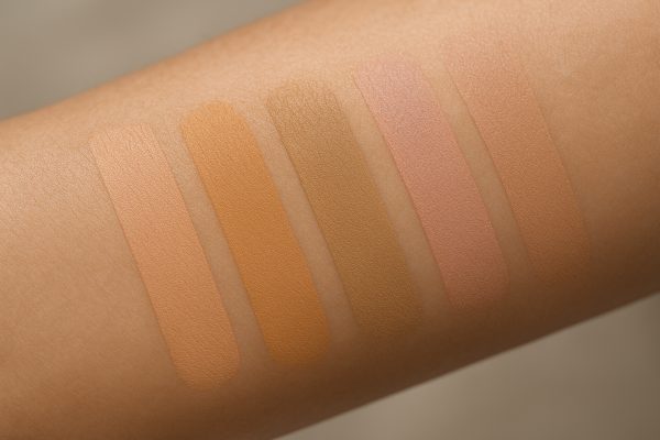Forearm with crisp liquid foundation swatches showing multiple undertones and shades.