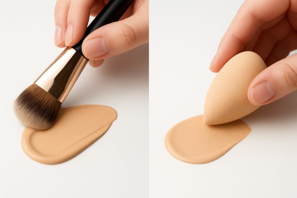 Pristine brush and sponge each applying foundation on a palette, close-up of tools and product.