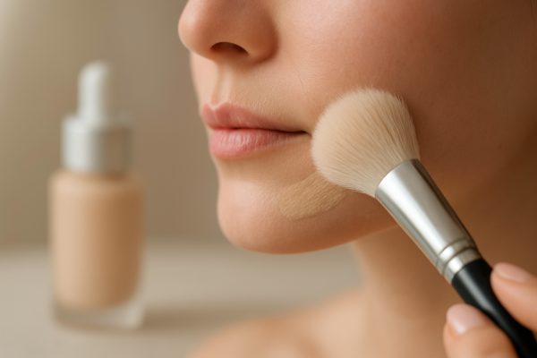 Soft brush applying foundation to healthy, sensitive skin, with frosted dropper bottle blurred behind.