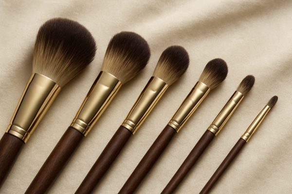 High-detail flat lay of makeup brushes showing bristles, handles, and ferrules on cream velvet.