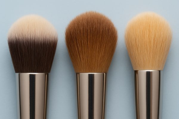 Extreme close-up of three brush bristle types\u2014synthetic, natural, vegan\u2014on a pale blue background.