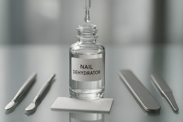 Premium nail dehydrator bottle dispensing liquid onto a lint-free pad with professional manicure tools on glass.