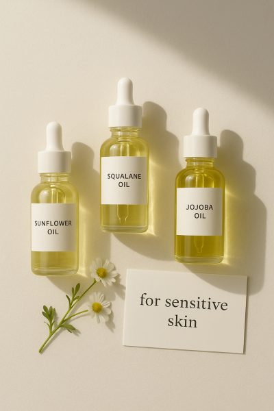 Flat lay of allergen-free plant oils and chamomile on a pristine spa surface, highlighting gentle cleansing ingredients.