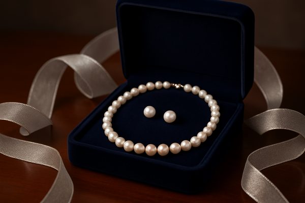 A glowing pearl necklace and earrings in an open velvet box with a silver ribbon accent.