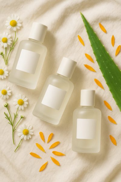 Flat lay of matte frosted hypoallergenic perfume bottles and soothing botanicals on cream linen, gentle daylight.
