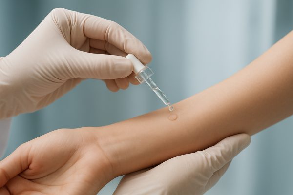 Dermatologist in neutral gloves performing patch test with hypoallergenic perfume on inner forearm in a clinic.
