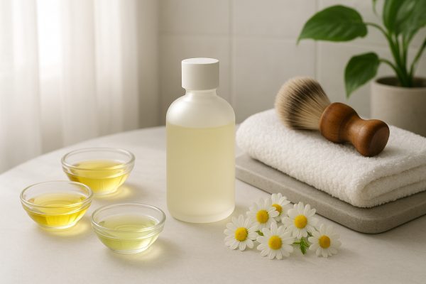 Frosted glass bottle of pre shave oil with natural oils and chamomile on a serene bathroom counter.