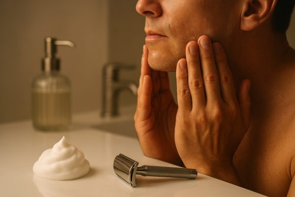 Close-up of hands applying pre shave oil, with shaving cream and a chrome razor on a white vanity.