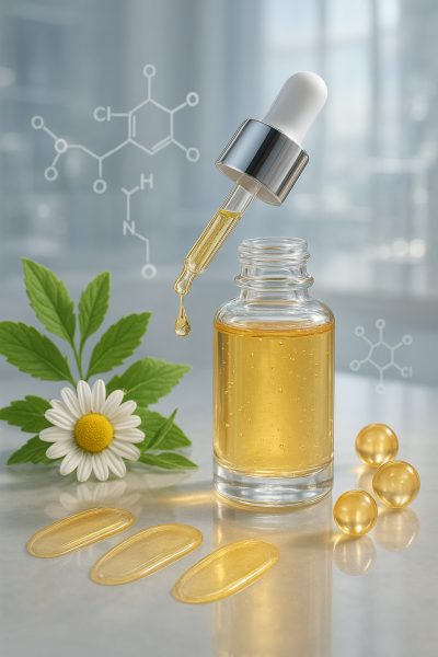 Close-up of an elegant retinol serum bottle with a dropper and golden droplet, surrounded by molecular structures, vitamin E pearls, and botanical leaves in a modern lab.