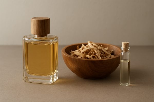 Elegant sandalwood cologne bottle, sandalwood shavings in a wooden bowl, and a vial of oil on a taupe surface.