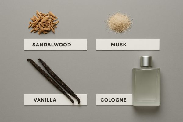 Flat lay of four perfume blotters with sandalwood shavings, musk grains, vanilla pods, and a cologne bottle on matte gray.