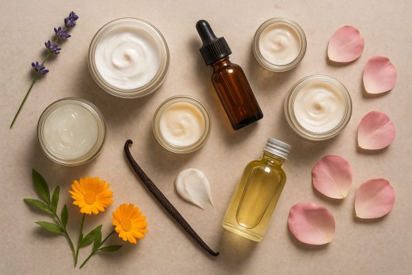 Flat lay of luxury lotions, moisturizers, oils, and botanicals on a matte stone background.