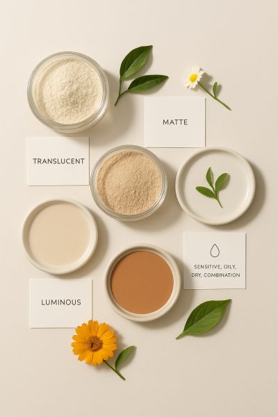 "An upscale flat lay of setting powders and ingredient cards, accented by botanicals on a light neutral background.
