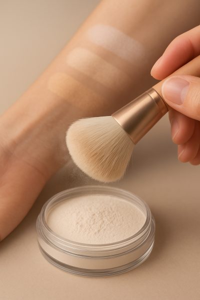 Close-up of a makeup brush tapping powder, with swatches for different undertones visible on a forearm in the background.