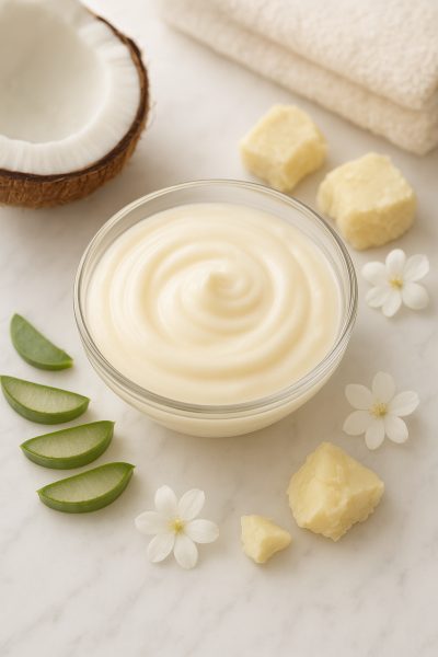 Overhead close-up of moisturizing shampoo in a glass bowl, surrounded by coconut, shea butter, aloe vera, and white flowers on a marble counter.