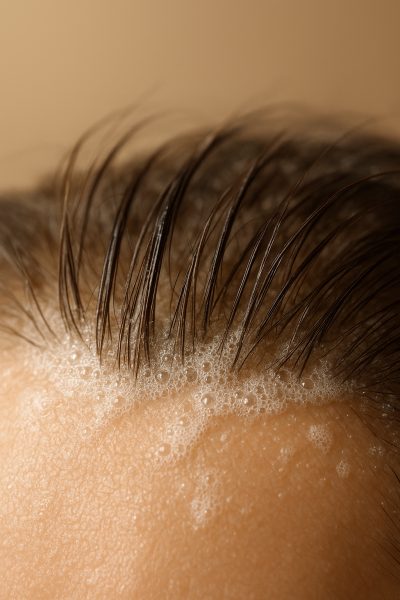 Macro shot of healthy scalp and hair roots with shiny natural oils and shampoo foam.