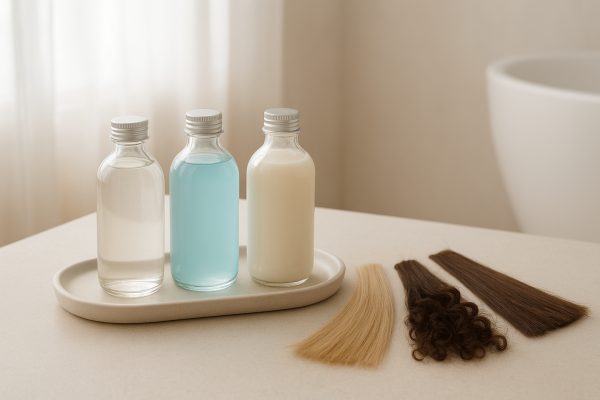 Three glass shampoo bottles on a tray with hair swatches in a minimalist bathroom.