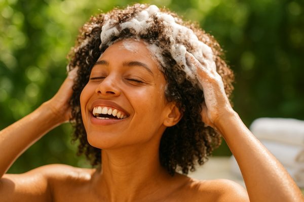 Smiling person with defined curly hair being massaged with shampoo against a leafy, bright background.