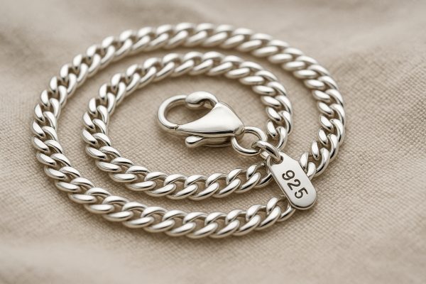 Macro shot of a sterling silver anklet with lobster clasp and 925 hallmark tag on natural linen fabric.