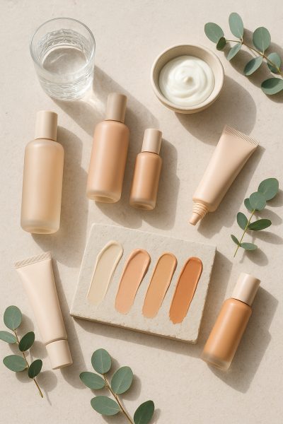 A modern flat lay with skin tint bottles, moisturizer, water glass, and eucalyptus on stone.