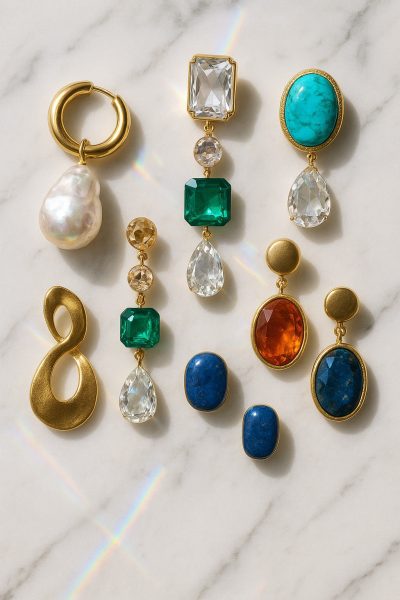Macro view of gem-adorned statement earrings\u2014pearls, crystals, turquoise, and stones\u2014on pristine Carrara marble in bright natural light.