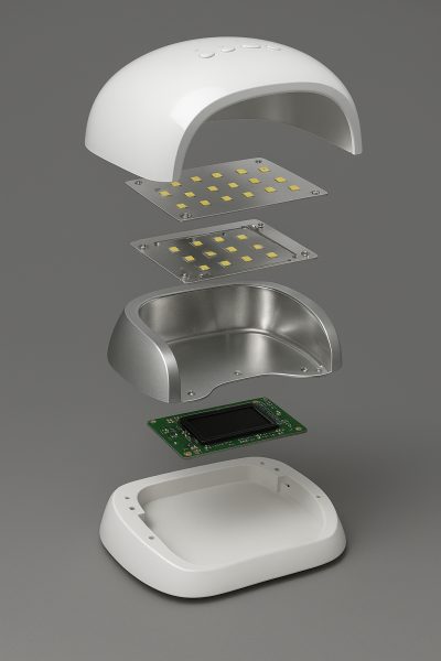 Exploded-view of a UV nail lamp with all internal components suspended in order on a matte gray background.