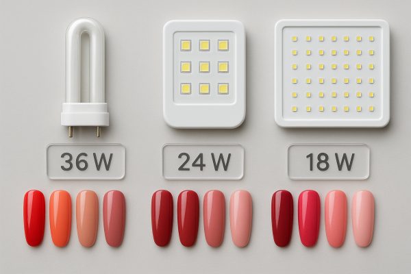 Macro photo of various UV/LED nail lamp bulbs with acrylic wattage tags and cured gel polish swatches.