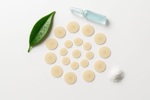 Spiral of clear acne patches with realistic tea tree, glass ampoule, and niacinamide powder on white.