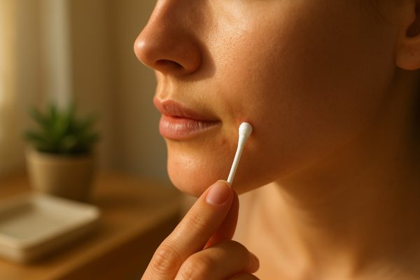 Close-up of a person using a cotton swab to apply acne spot cream with clear, healthy skin and a soft, blurred bathroom background.