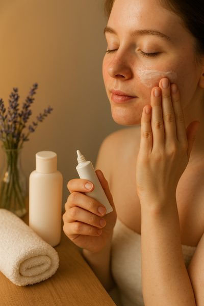 A person with sensitive skin gently applies moisturizer at a tidy vanity with a towel and lavender bouquet.