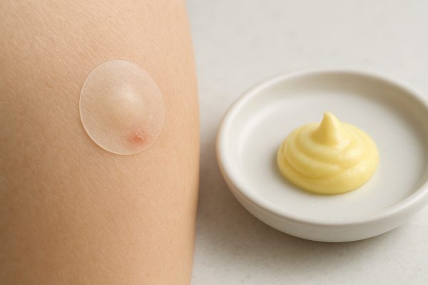 Macro view of a hydrocolloid patch on skin, with sulfur cream on a ceramic dish on a clean bathroom counter.