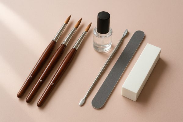 Acrylic nail brushes, primer, and essential tools arranged in a curve on a blush pink surface.