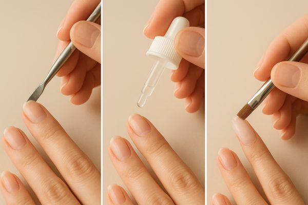 Stepwise panels: prepping cuticles, applying dehydrator, and brushing acrylic onto a nail tip.