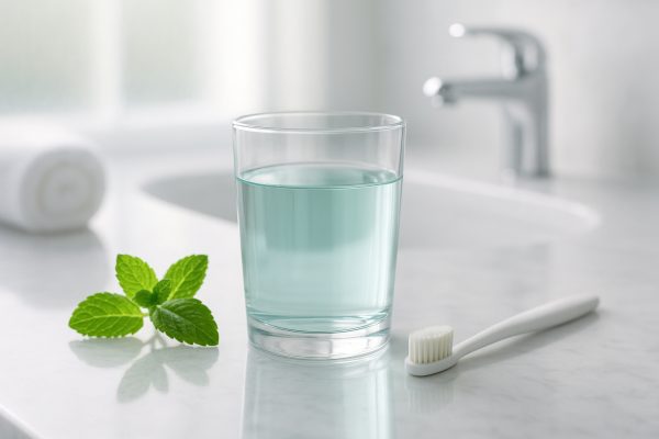 Minimalist countertop with alcohol free mouthwash, mint, and toothbrush, bathed in morning light.