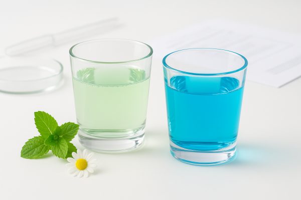 Clinical display of alcohol free and traditional mouthwash in clear glasses with botanicals and lab tools.