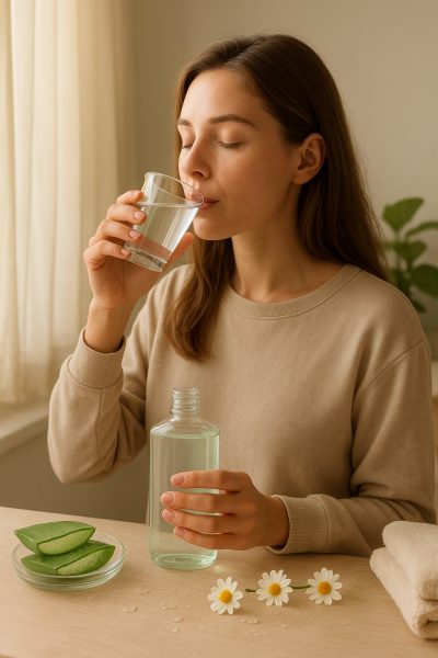 Woman in sunlit bathroom gently rinsing with alcohol free mouthwash, aloe and chamomile nearby.